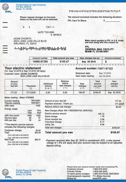 FPL Florida Power Light Energy Electric Utility Statement Bill 