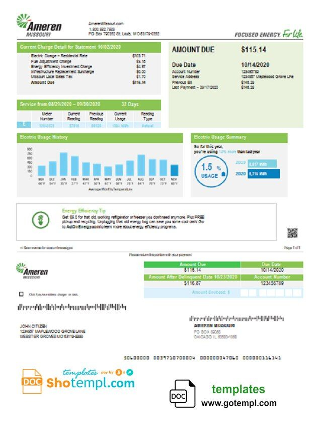 USA Ameren Missouri Electricity Utility Bill Template In Word And PDF 