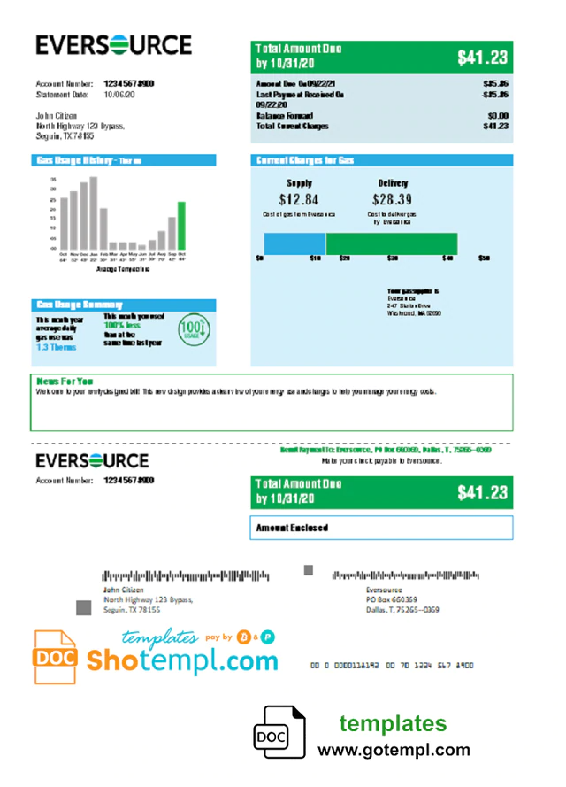 USA Eversource Gas Utility Bill In Word Format Good For Address Prove 