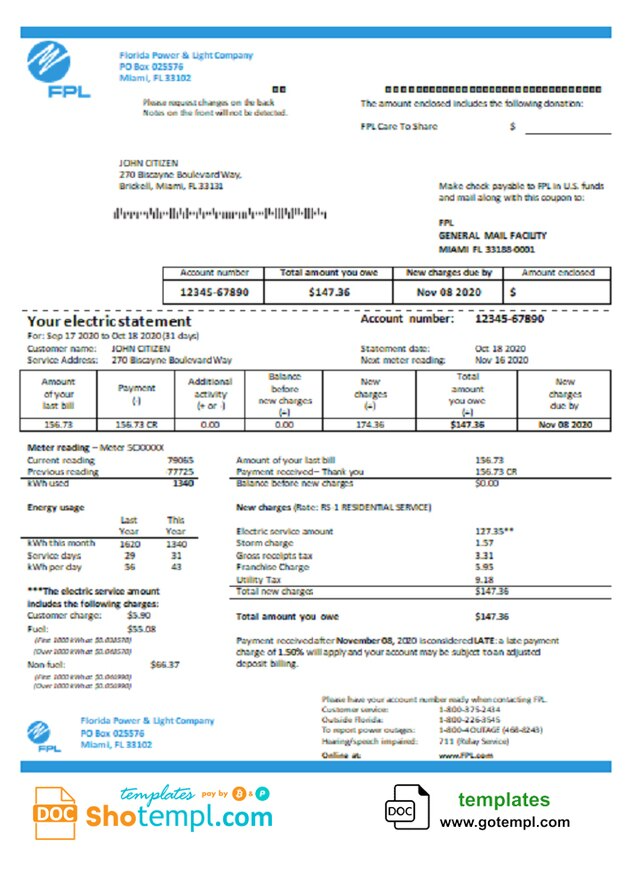 USA Florida Power Light Company FPL Electricity Utility Bill Bill