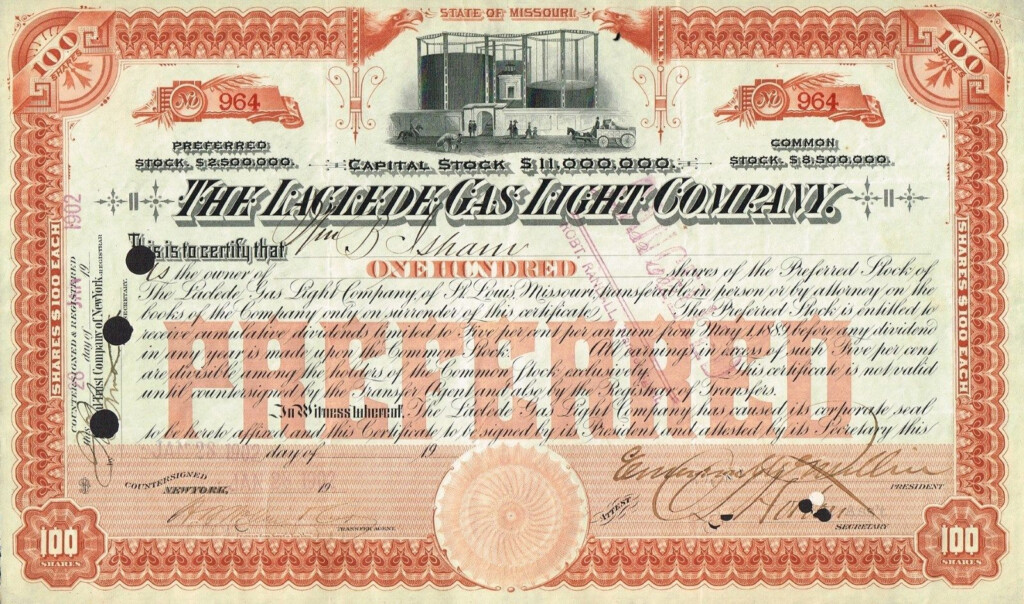 USA LACLEDE GAS LIGHT COMPANY Stock Certificate 1902 Stock 