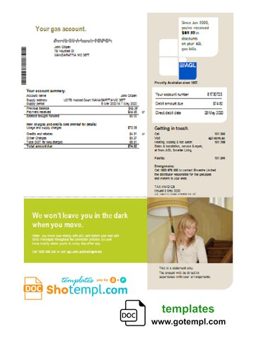 Australia AGL Gas Utility Bill Template In Word Format Bill Template