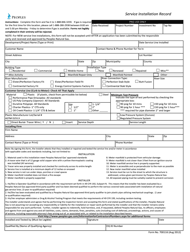 Form 700116 Service Installation Record Aug 2012 Peoples Fill 