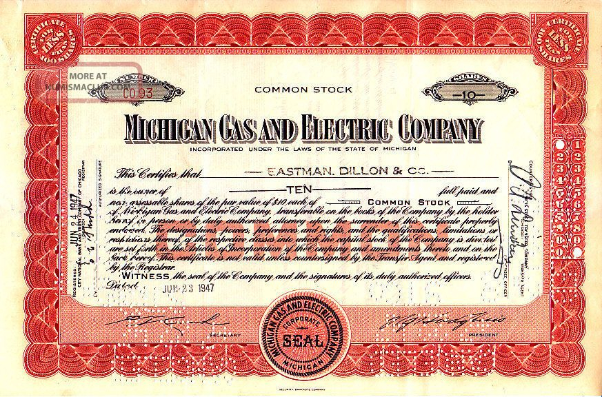 Michigan Gas And Electric Company Mi 1947 Stock Certificate