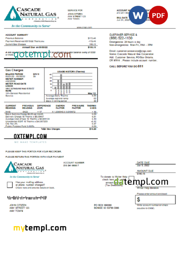 USA Cascade Natural Gas Utility Bill Word And PDF Template SHOTEMPL