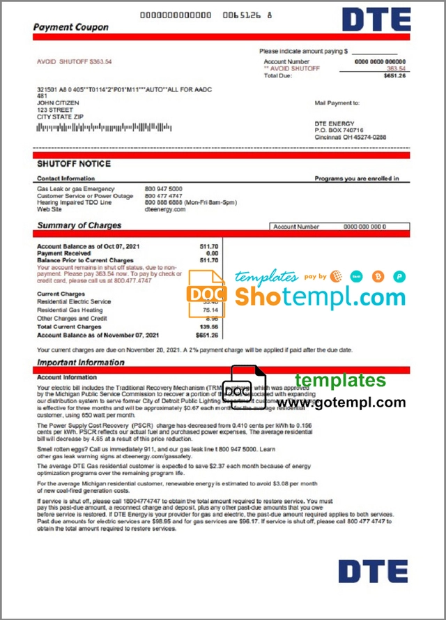 USA Michigan DTE Energy Utility Bill Template In Word And PDF Format 