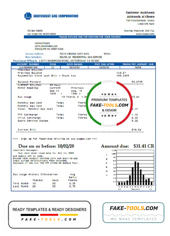 USA Nevada Southwest Gas Corporation Utility Bill Template In Word And