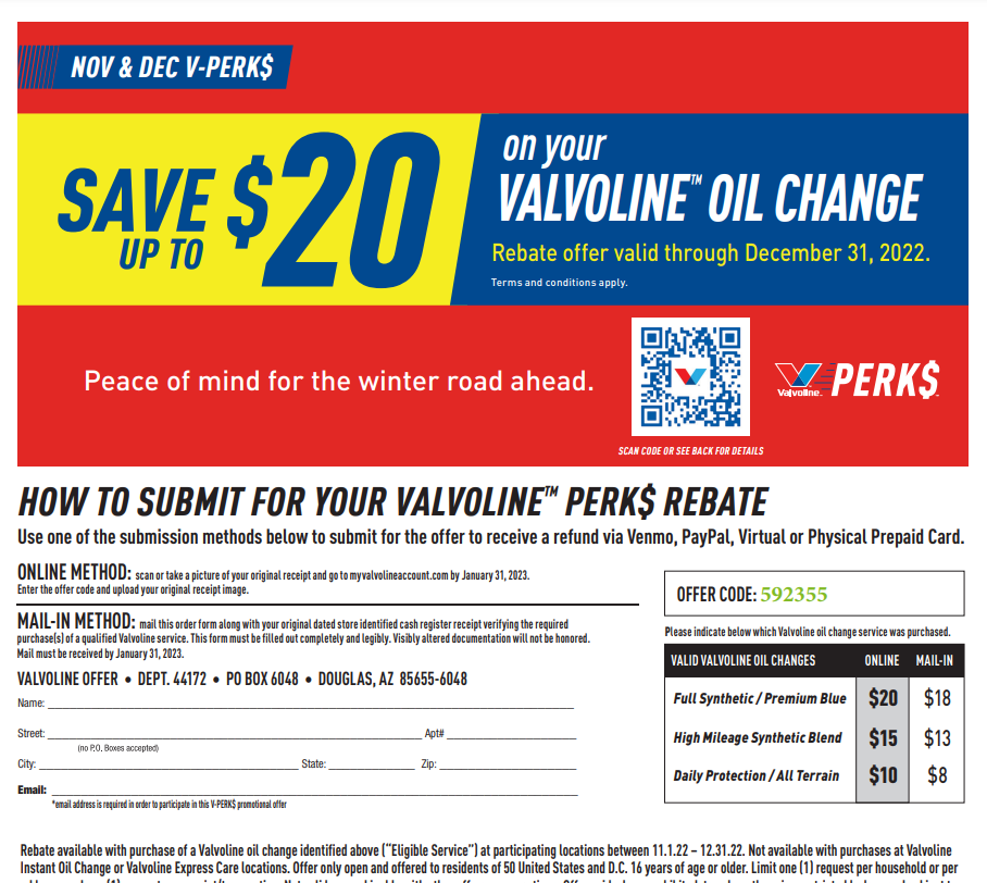 Valvoline Rebate Forms Printable Rebate Form