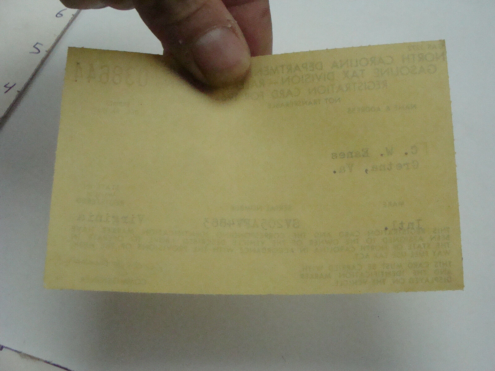 Vintage Paper NORTH CAROLINA GAS TAX Registration Card For 1962 EBay